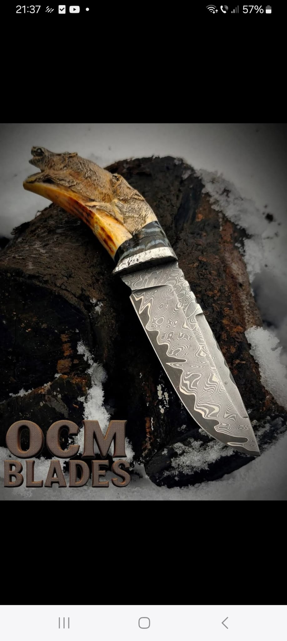 Cuțit de Vânătoare Unicat OCM Blades – Oțel Damasc Inoxidabil, tăiș pulbere metalurgica M398 & Colț de Facocer